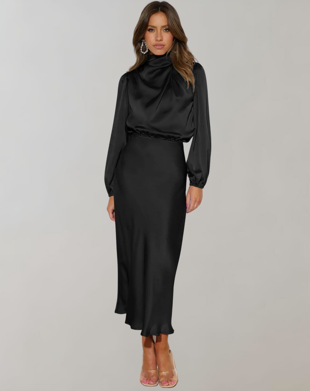 Valenzora | Classic Satin Dress with High Collar and Long Sleeves for Women