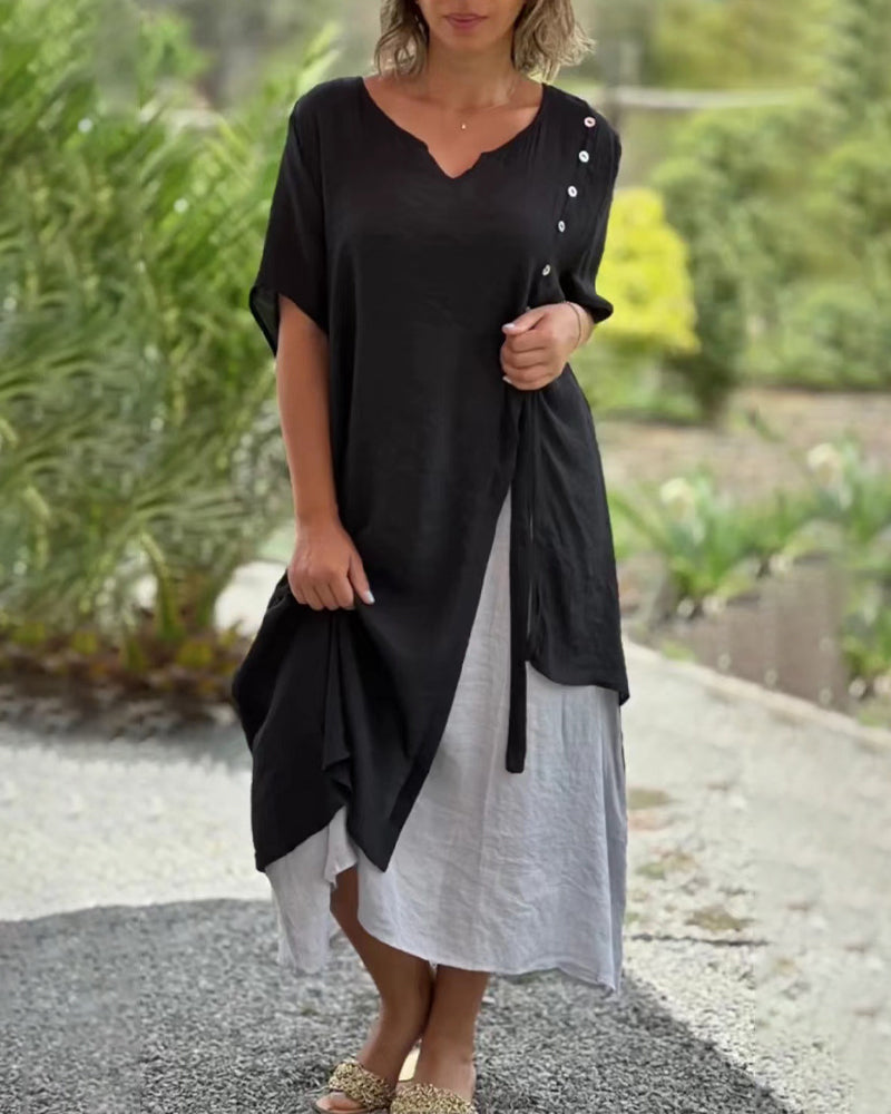 Valenzora | Asymmetrisches Kleid mit kurzen Ärmeln und V-Ausschnitt