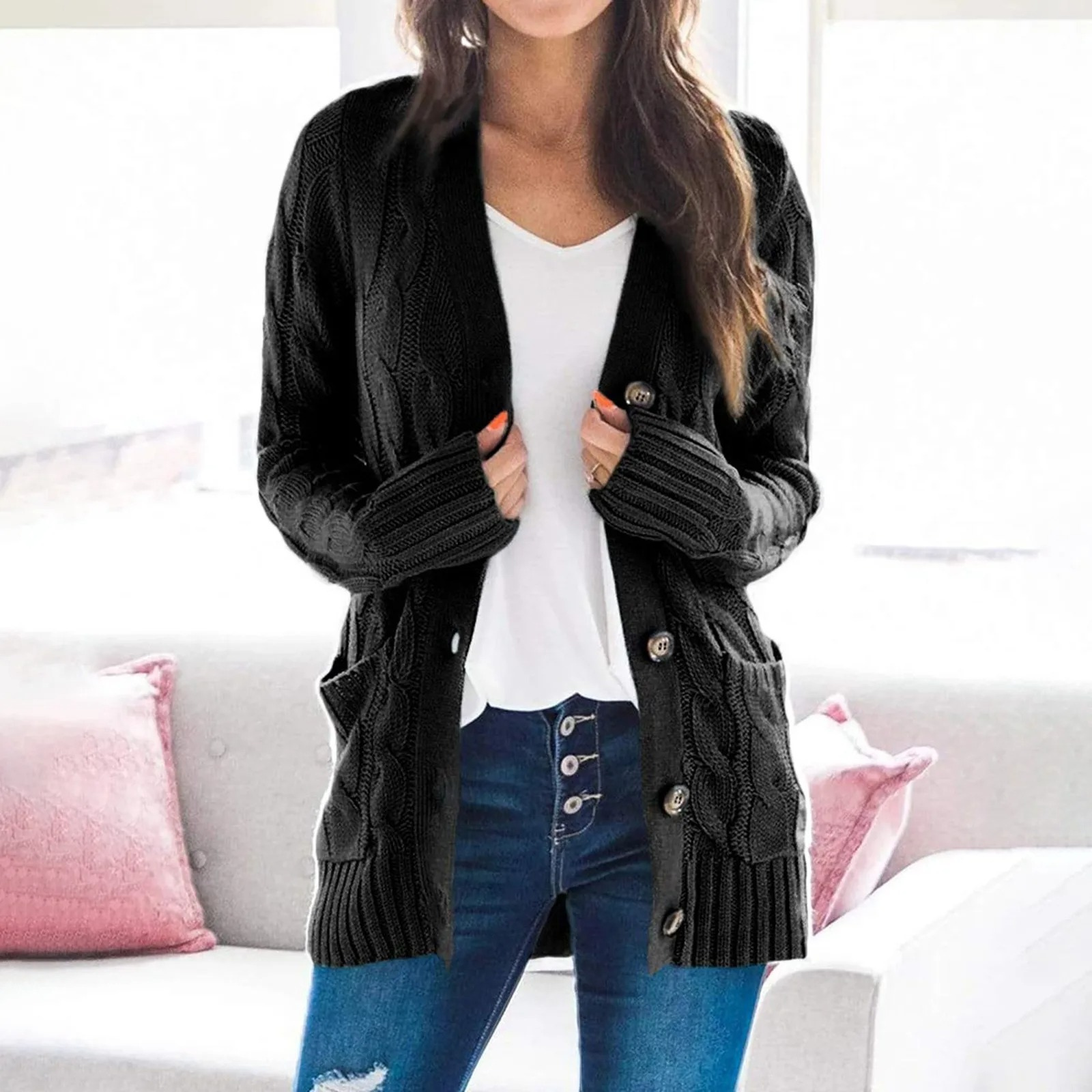 Valenzora | Stylischer langer Cardigan für Damen mit Knopfleiste