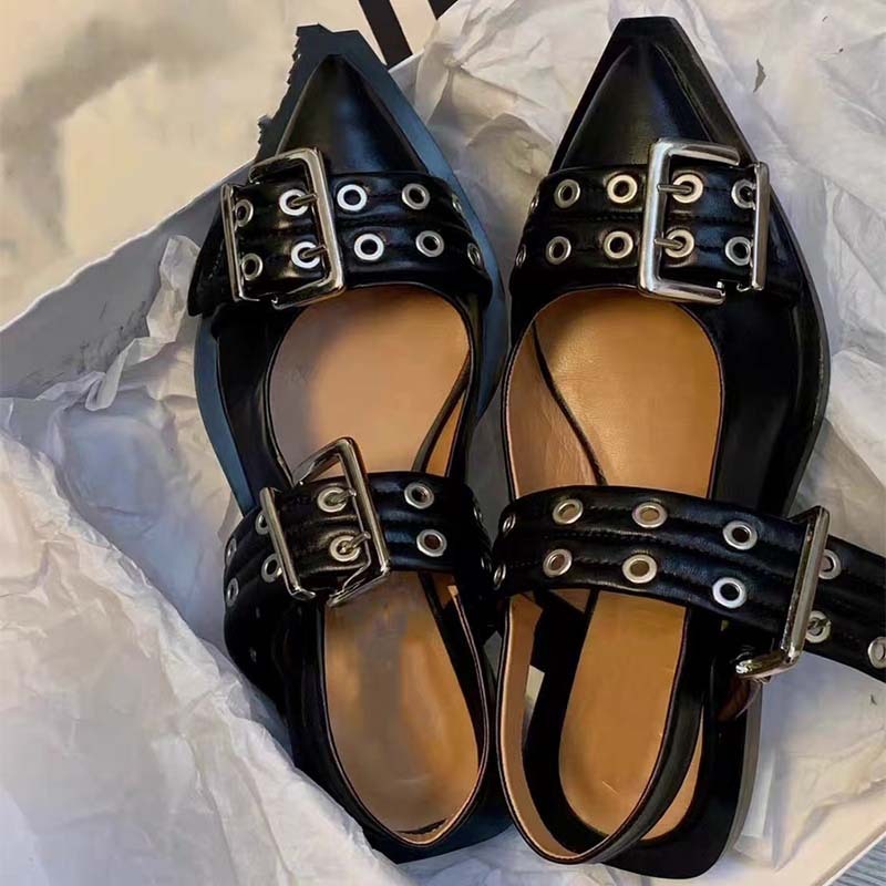 Valenzora | Pointed toe belt buckle mules leather flat sandals