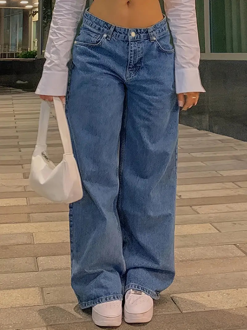 Valenzora | Dark Blue Loose Baggy Boyfriend Jeans with Low Waist