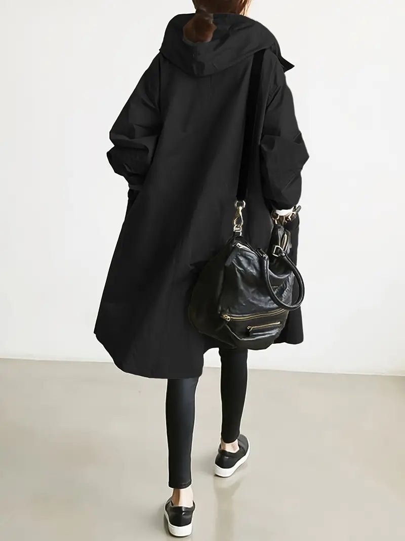 Trench coat with hood and drawstring