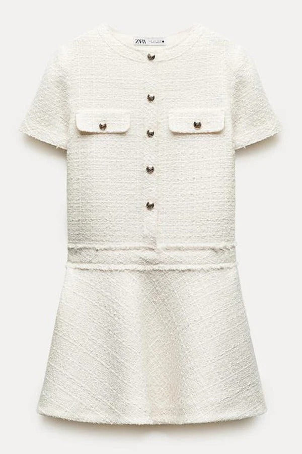 Valenzora | 1960s London Girl Tweed Textured Short-Sleeved Dress with Gold Buttons and Pockets