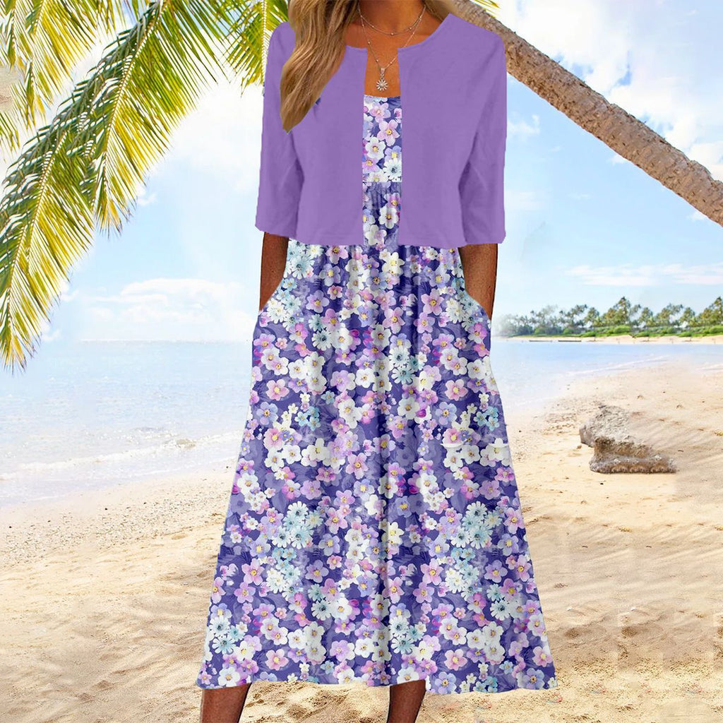 Valenzora | Glamorous lilac midi dress with floral print and jacket