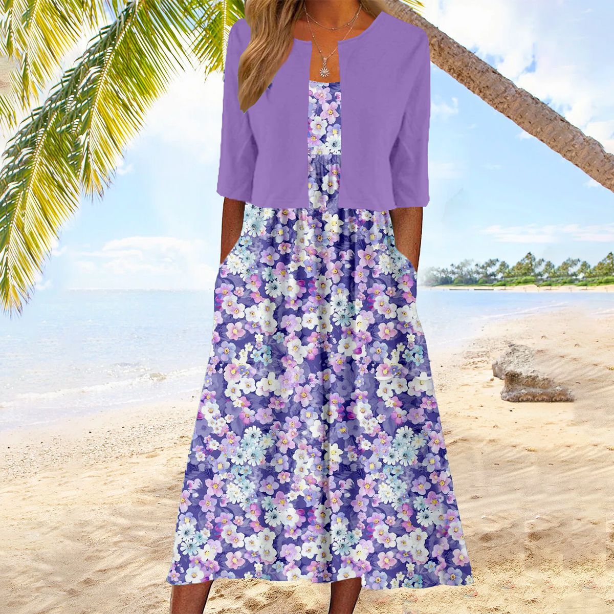 Valenzora | Glamorous lilac midi dress with floral print and jacket