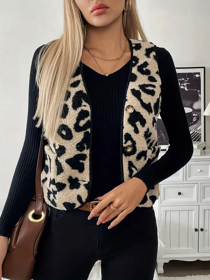 Valenzora | Sleeveless faux fur vest with leopard print for women