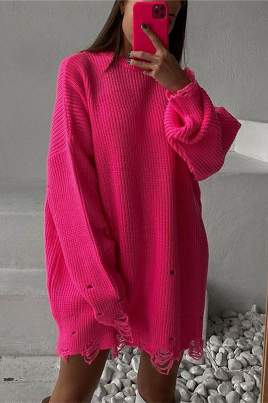 Valenzora Gerissenes Oversize-Strickkleid mit Rundhalsausschnitt