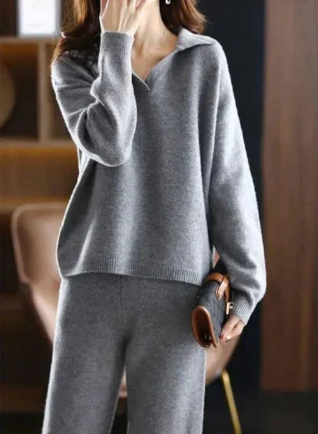 Valenzora - 2-piece set ladies oversized tracksuit polo collar sweater and trousers