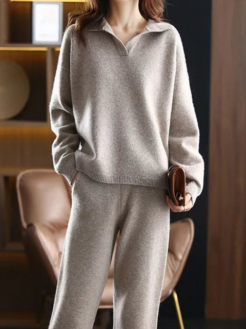 Valenzora - 2-piece set ladies oversized tracksuit polo collar sweater and trousers
