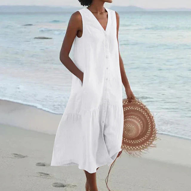 Valenzora | Sleeveless cotton linen dress with V-neck