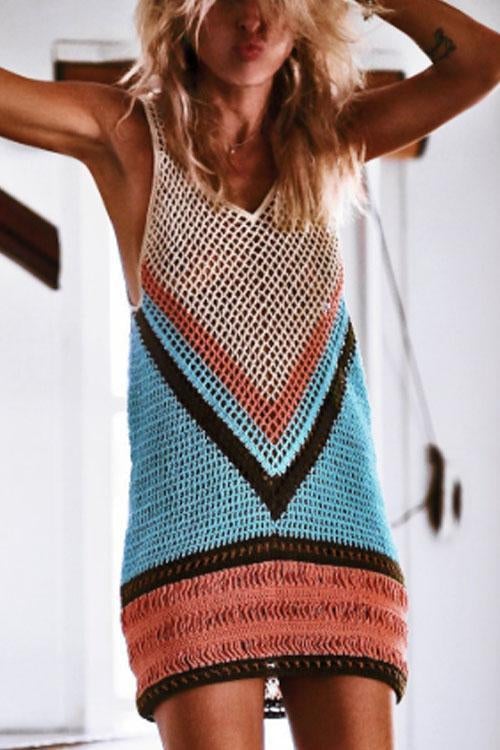 Valenzora | Rosiedress Color Block Hollow Out Beach Cover Up
