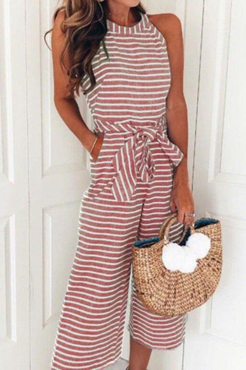 Valenzora | Rosiedress Round Neck Sleeveless Striped Bow Braided Wide Fit Jumpsuit