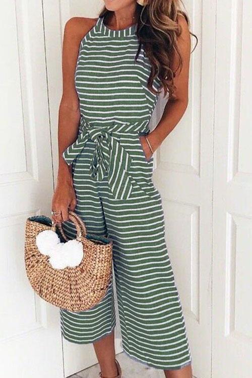 Valenzora | Rosiedress Round Neck Sleeveless Striped Bow Braided Wide Fit Jumpsuit