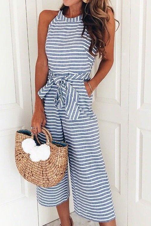 Valenzora | Rosiedress Round Neck Sleeveless Striped Bow Braided Wide Fit Jumpsuit