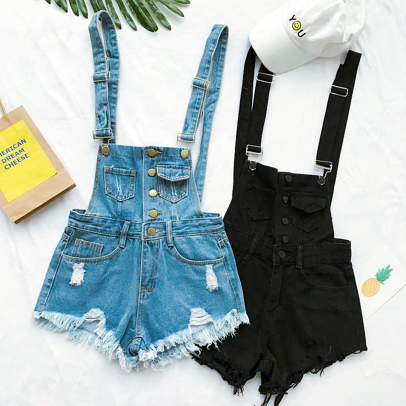 Valenzora | Denim Cotton Strappy Shorts Loose Overall Romper