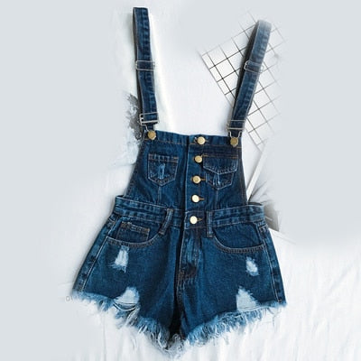 Valenzora | Denim Cotton Strappy Shorts Loose Overall Romper