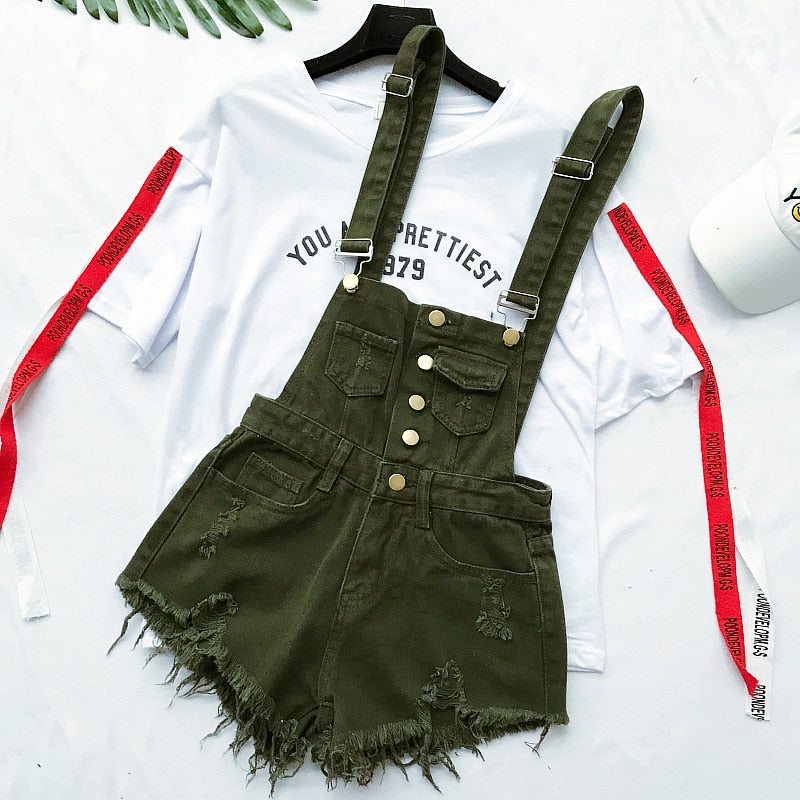 Valenzora | Denim Cotton Strappy Shorts Loose Overall Romper
