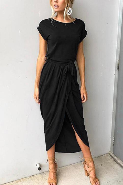 Valenzora | Rosiedress Short Sleeve Tie Waist Slit Midi Dress