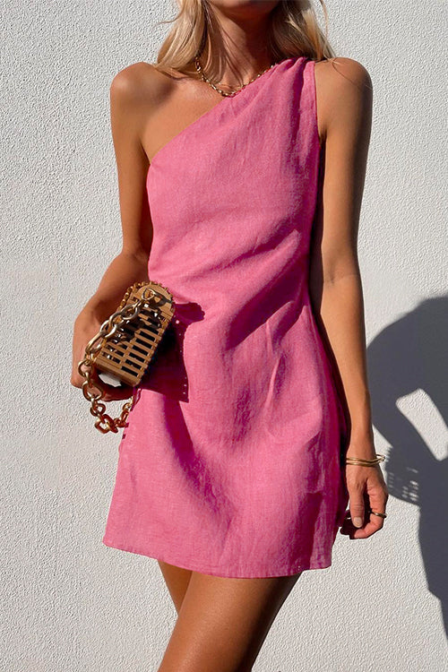 Valenzora | Rosiedress One Shoulder Solid Cotton Linen Mini Dress