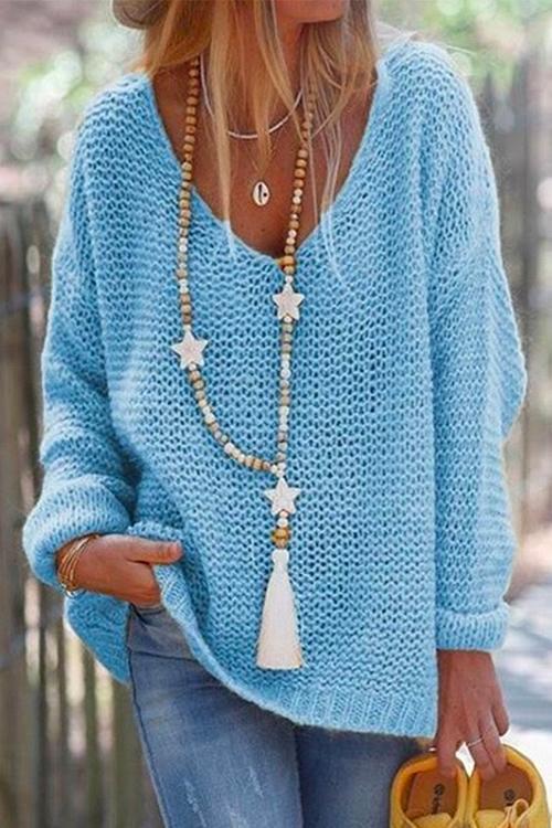 Valenzora | Rosiedress V-Ausschnitt Pullover mit überschnittenen Ärmeln und einfarbigem Strickmuster