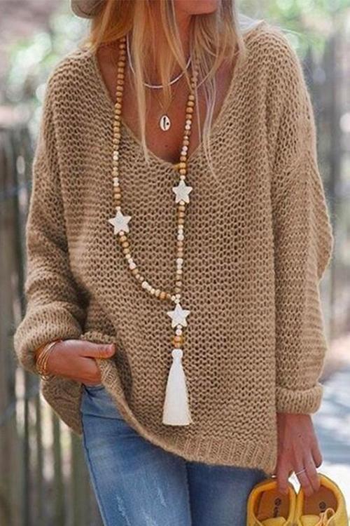 Valenzora | Rosiedress V-Ausschnitt Pullover mit überschnittenen Ärmeln und einfarbigem Strickmuster