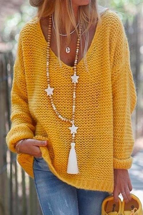 Valenzora | Rosiedress V-Ausschnitt Pullover mit überschnittenen Ärmeln und einfarbigem Strickmuster