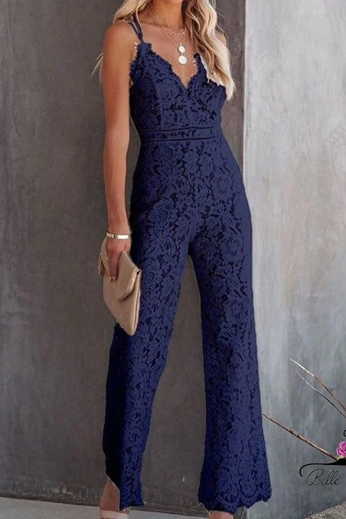 Valenzora | Rosiedress Solid V-Neck Fitted Cami Lace Jumpsuit