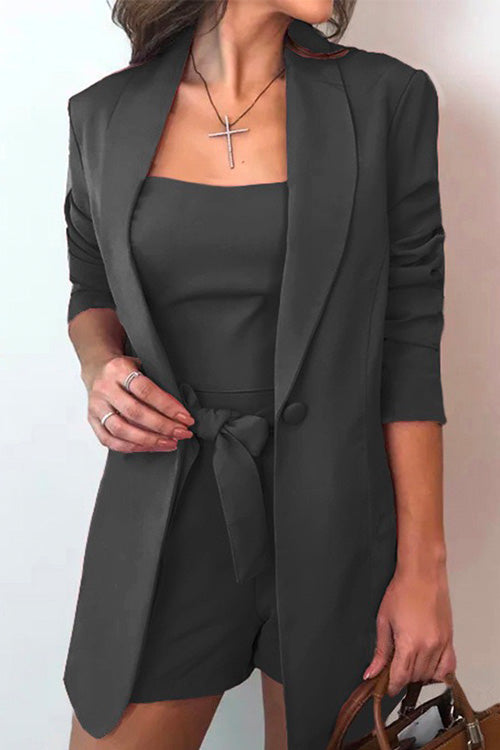 Valenzora | Rosiedress Square Collar Top and One-Button Cardigans Fitted Shorts Three Pieces
