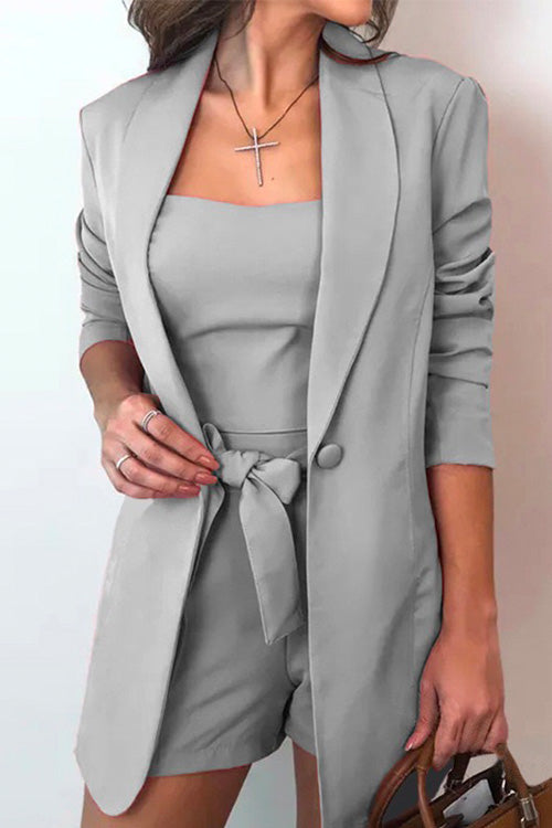 Valenzora | Rosiedress Square Collar Top and One-Button Cardigans Fitted Shorts Three Pieces