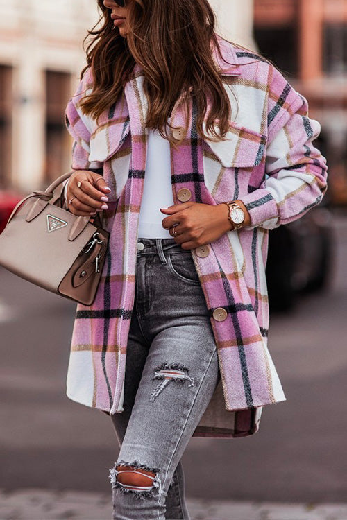 Valenzora | Rosiedress Freizeit-Strickjacke mit Revers, Knopfleiste und Karomuster