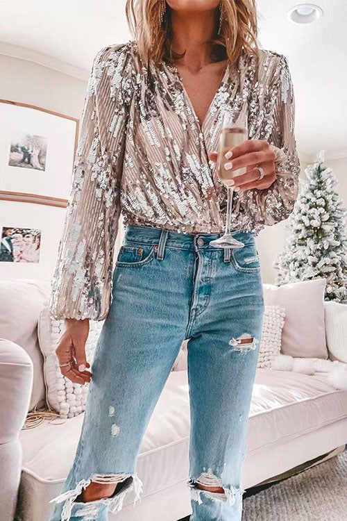 Valenzora | Rosiedress Stylish V-Neck Long Sleeve Sequin Splice Top