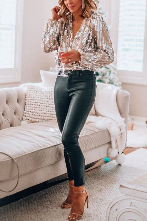 Valenzora | Rosiedress Stylish V-Neck Long Sleeve Sequin Splice Top