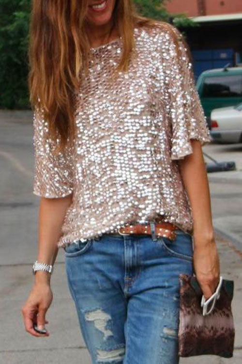 Valenzora | Rosiedress Round Neck Short Sleeve Sequin T-Shirt