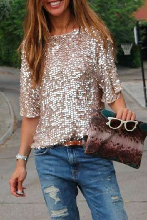 Valenzora | Rosiedress Round Neck Short Sleeve Sequin T-Shirt