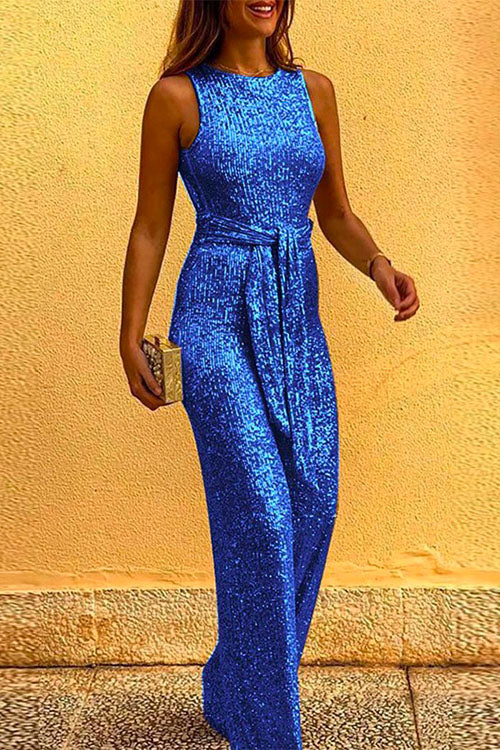 Valenzora | Rosiedress Round Neck Sleeveless Sequin Jumpsuit with Tie Belt