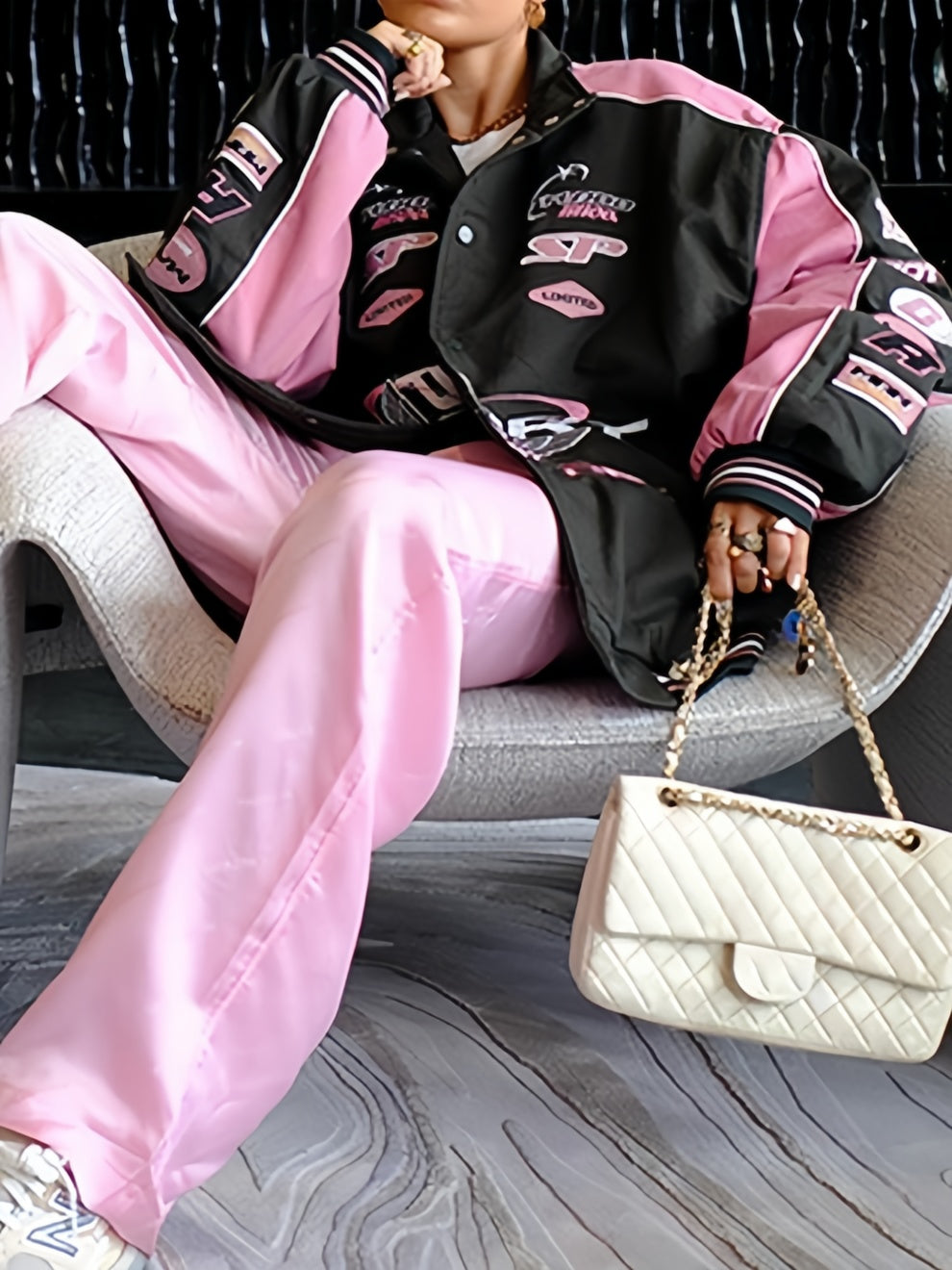 Valenzora | Black Pink Raglan Moto Jacket with Printed Slogan