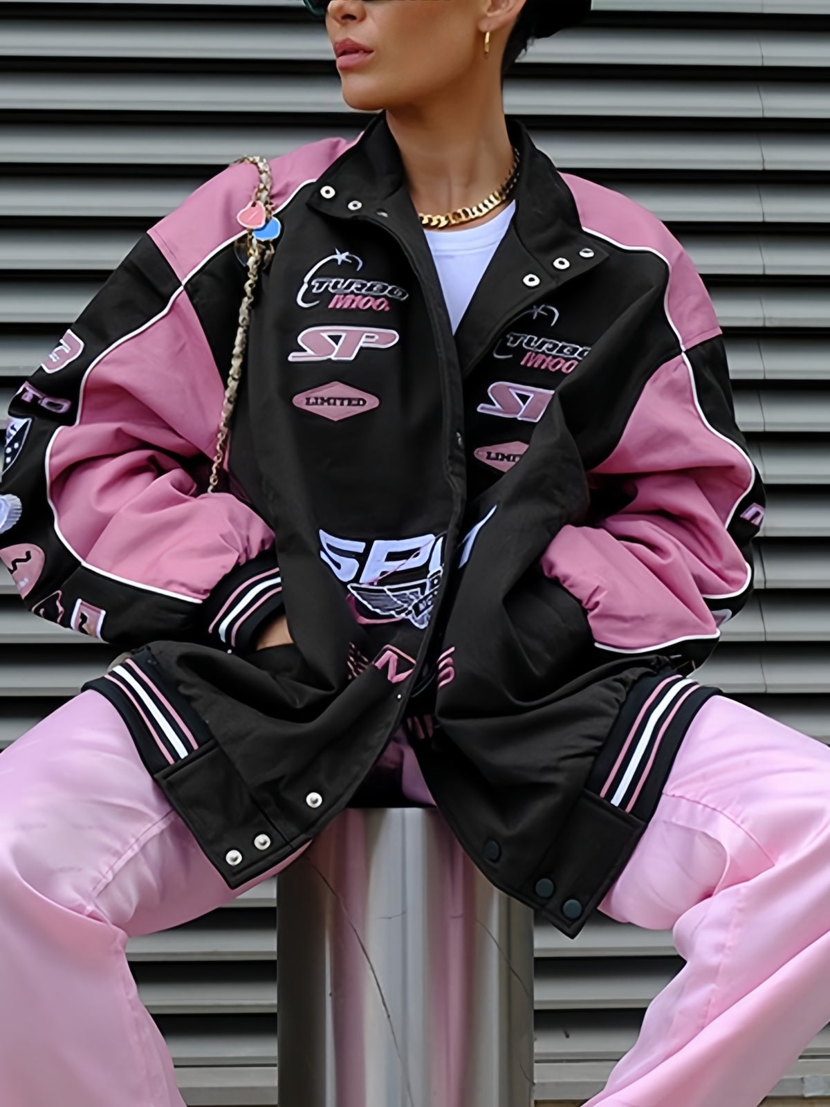Valenzora | Black Pink Raglan Moto Jacket with Printed Slogan