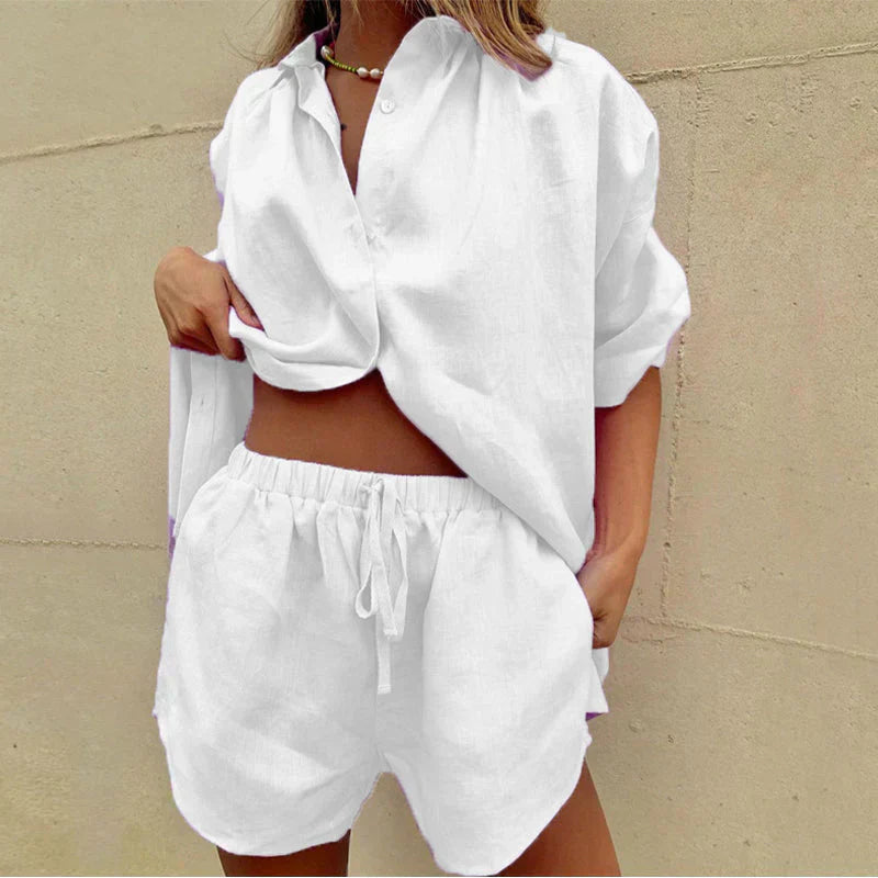 Valenzora | Bequemes Damen-Shirt- und Shorts-Set mit Knopfleiste