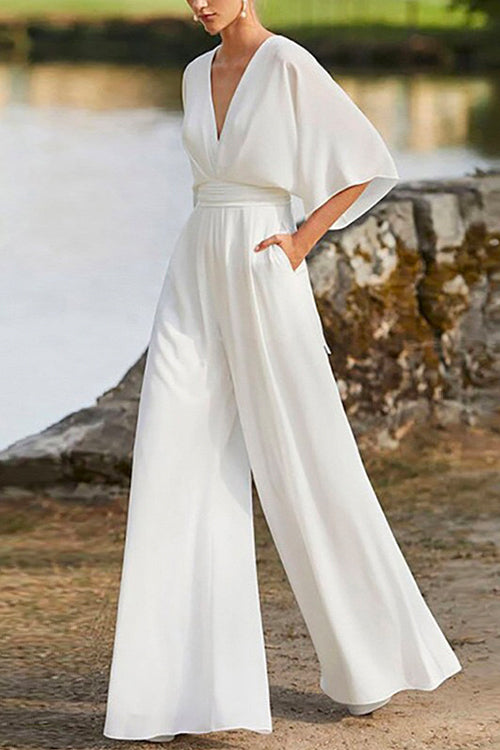 Valenzora | Rosiedress Jumpsuit mit tiefem V-Ausschnitt, hoher Taille und weitem Bein