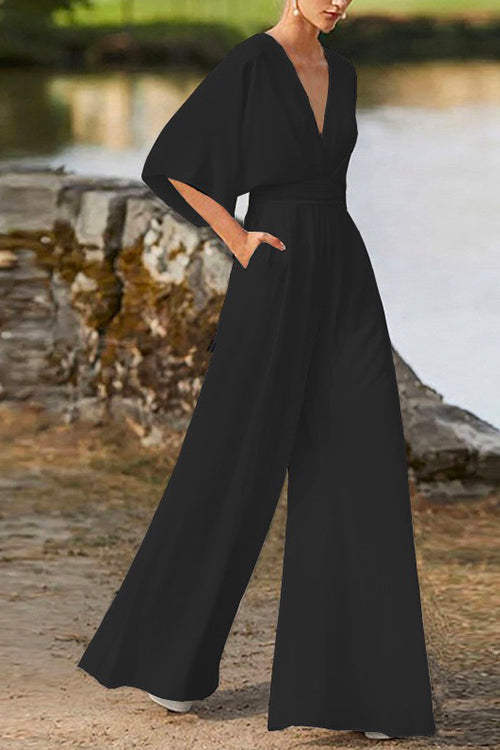 Valenzora | Rosiedress Jumpsuit mit tiefem V-Ausschnitt, hoher Taille und weitem Bein