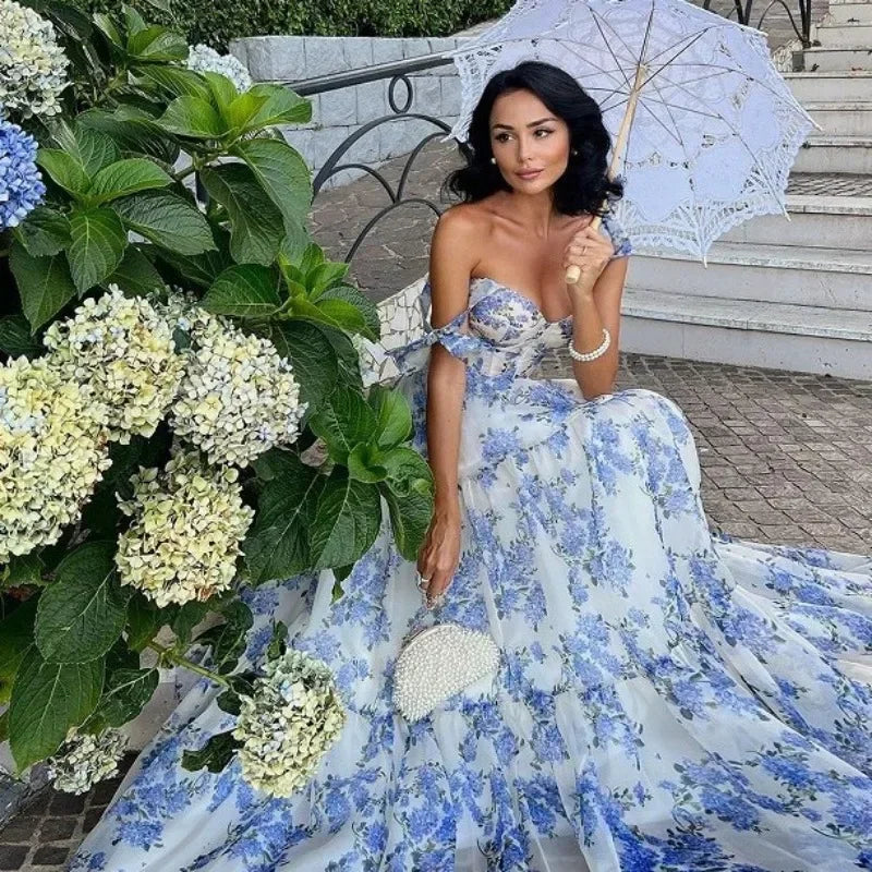 Valenzora | Vintage Blue Floral Print Off-Shoulder Evening Dress