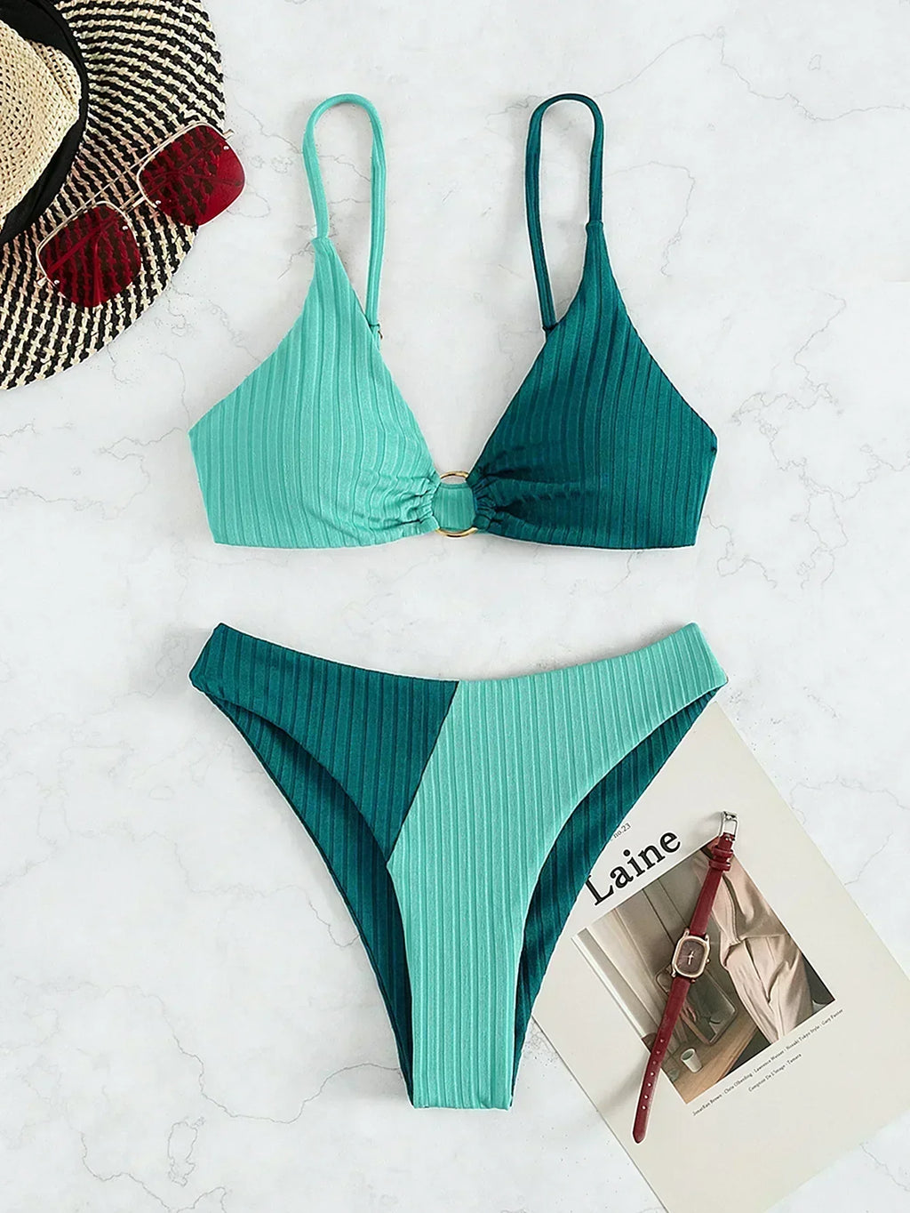 Valenzora | Two-tone ribbed high-waisted bikini for women