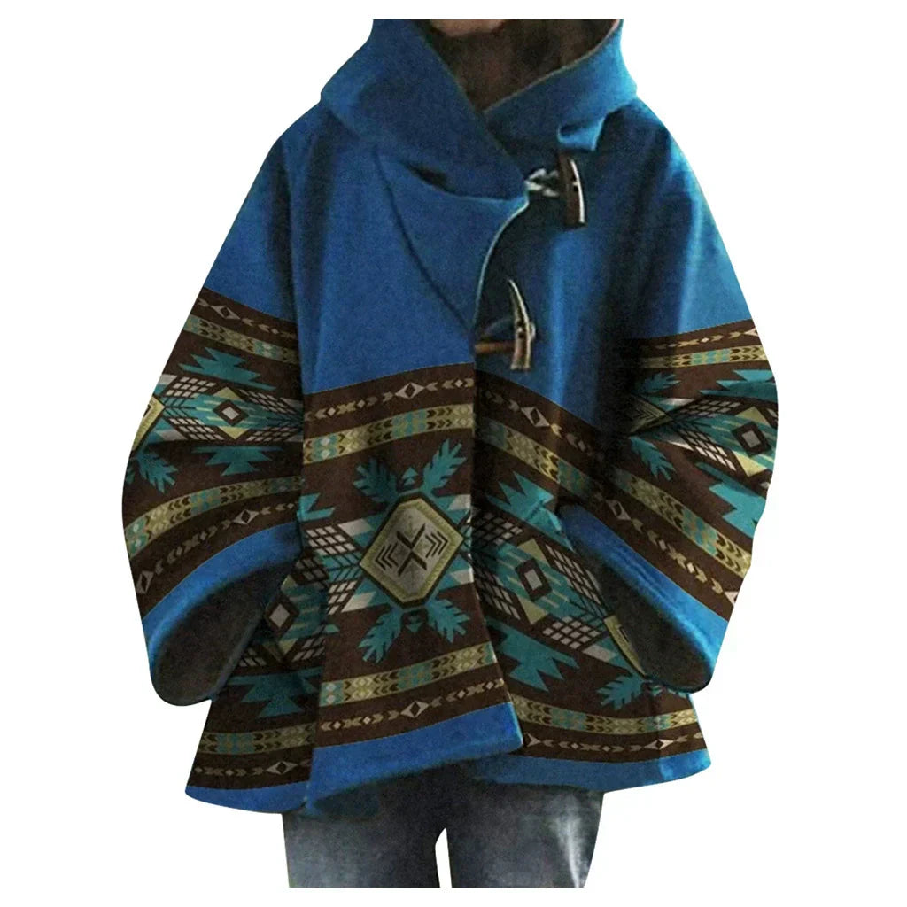 Valenzora | Women's Coats Multicolored Printed Long-Sleeved Wool Hooded Coats