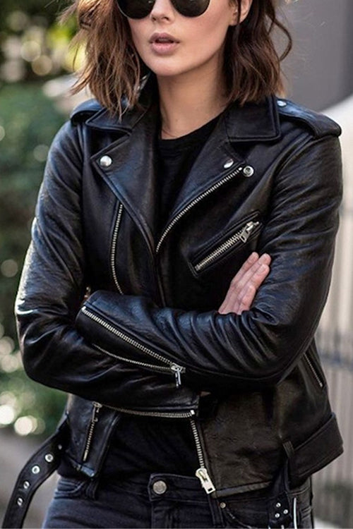Valenzora | Rosiedress Vintage Lapel Zip Faux Leather Biker Jacket