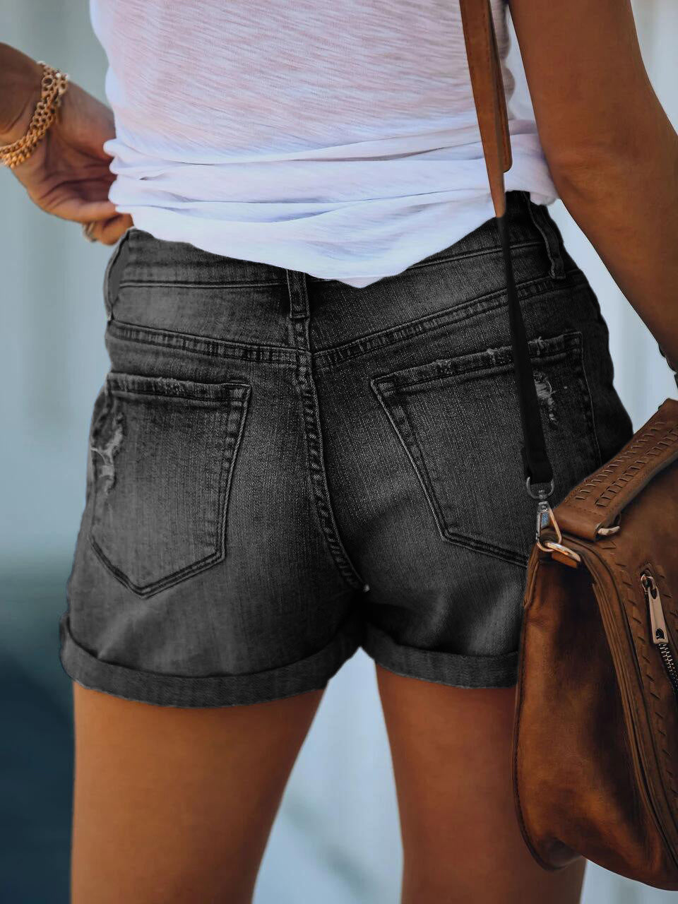 Valenzora | Women's Denim Shorts Ripped Rolled Stretch High Waist Denim Shorts
