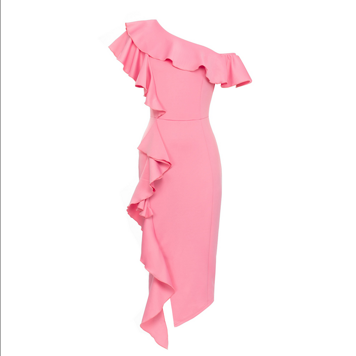 Asymmetrical, figure-hugging midi dress with a ruffled collar | Pink