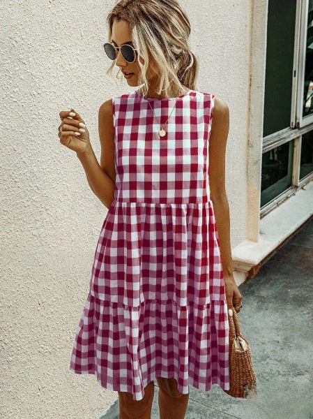 Valenzora | Mode, locker sitzendes Damenkleid mit Rundhalsausschnitt, karierter Pastell-Midi-Rock