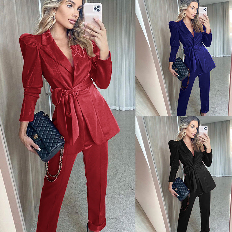 Damen-Blazer-Anzug mit voluminösen Puffärmeln und tailliertem Gürtel, Größe S