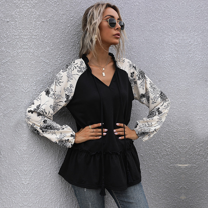 Women's hooded sweatshirt with floral design and peplum cut, size S