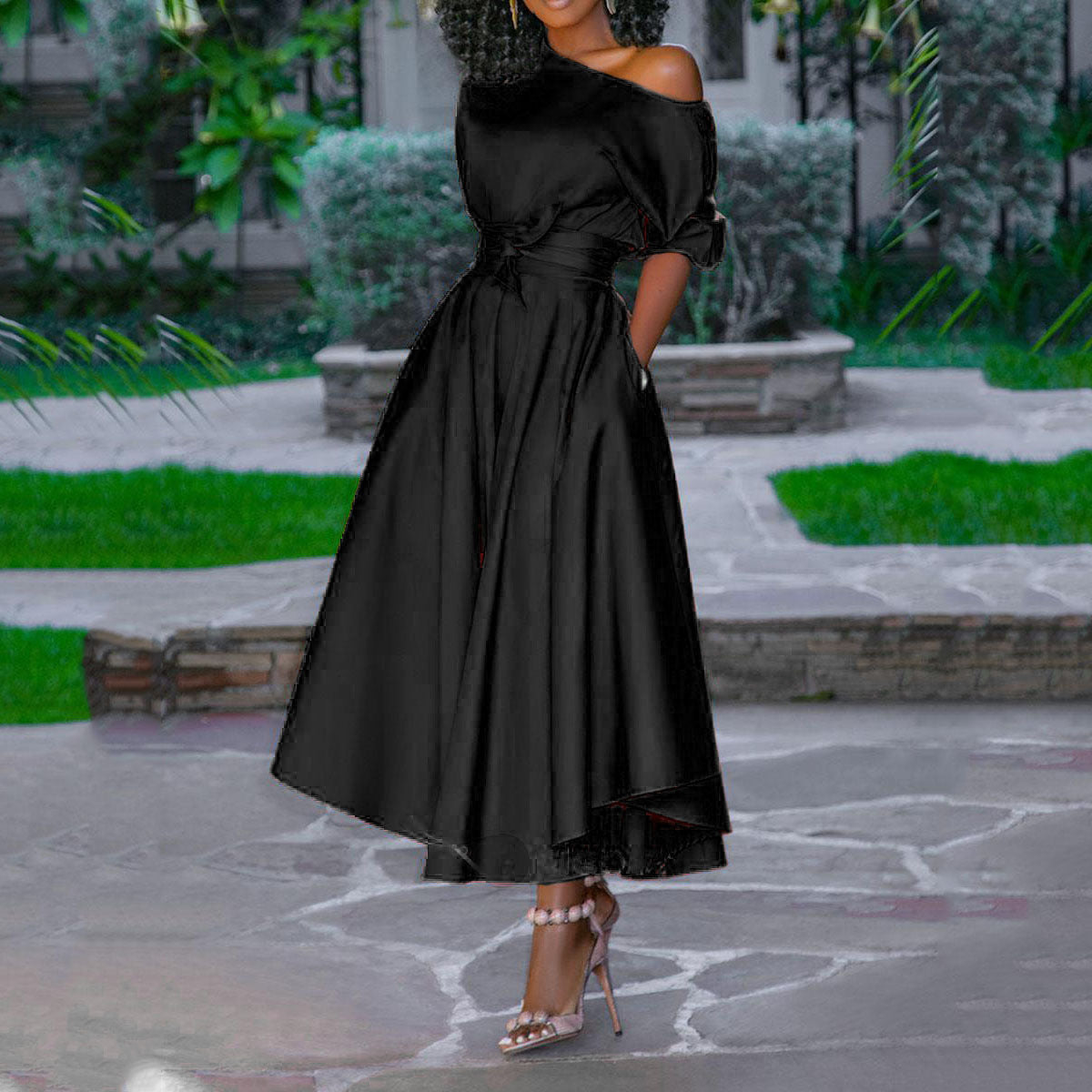 Valenzora | One-shoulder tie belt slim fit midi dress